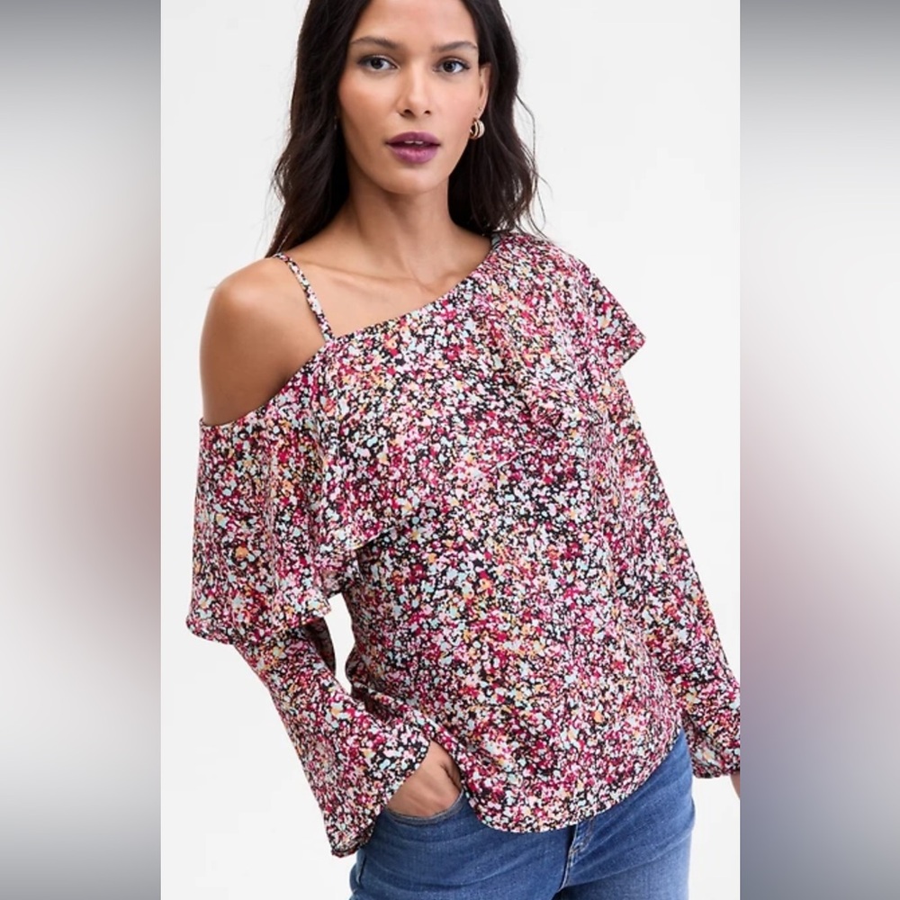 INC International Concepts ruffled Asymmetrical neck floral blouse